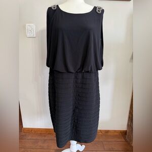 Black Midi Dress with Silver Detail Shoulders - Size 14